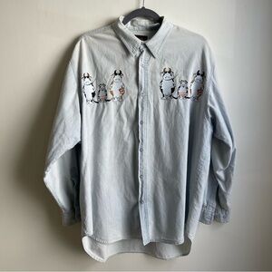 Vintage More & More Denim Chambray Cow Family  Embroidery Button-Down Shirt XL